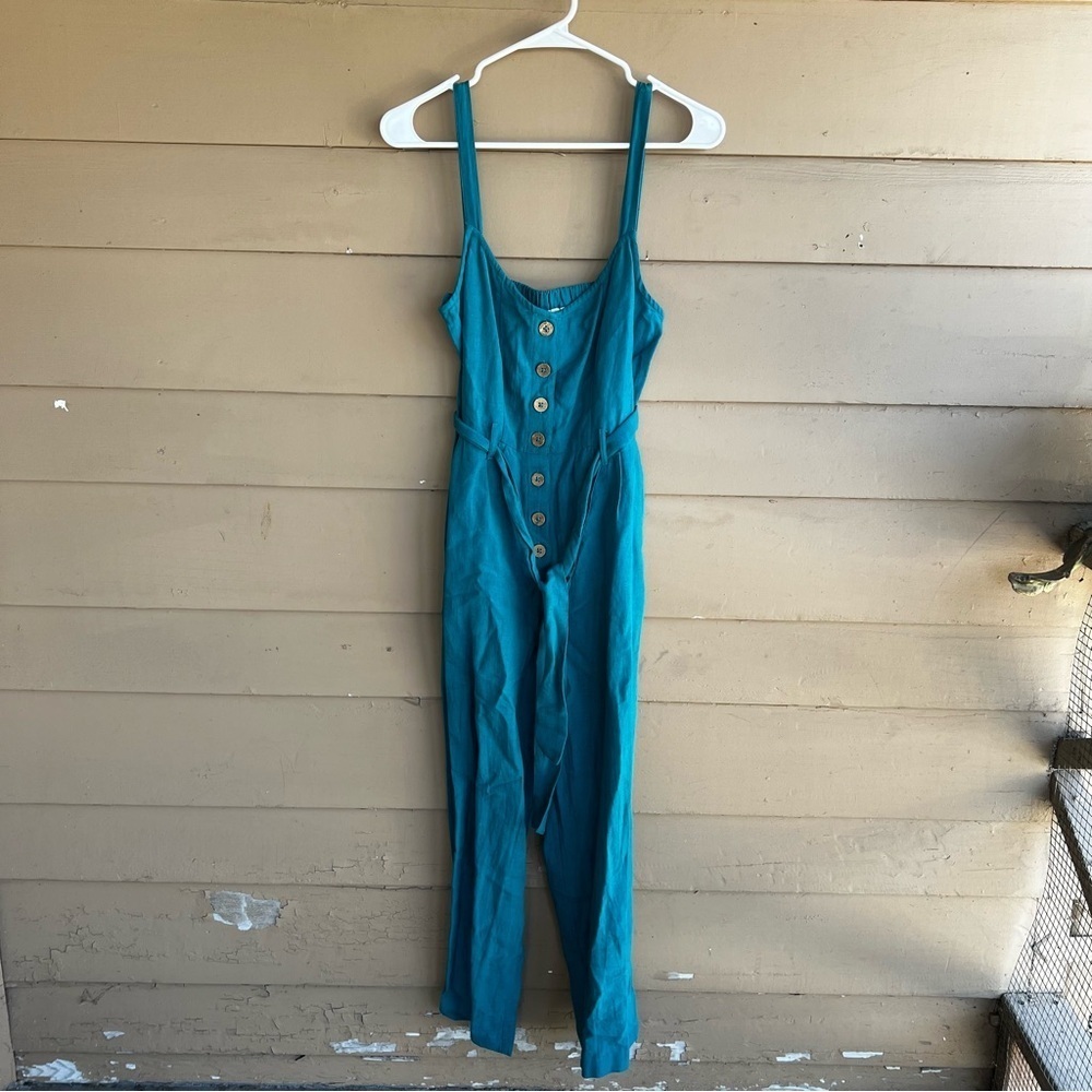 ROXY Mind Trip Jumpsuit Sz S Biscay Bay Teal Waist Tie Smocked Back Linen Blend - Picture 2 of 10